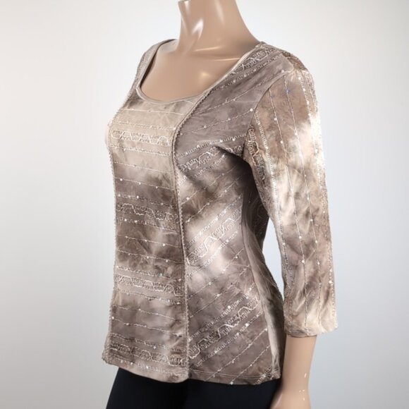 Nycal Tie Dye Blouse Sequin Embellished Mocha Scoop Neck 3/4 Sleeve Top - Picture 6 of 12
